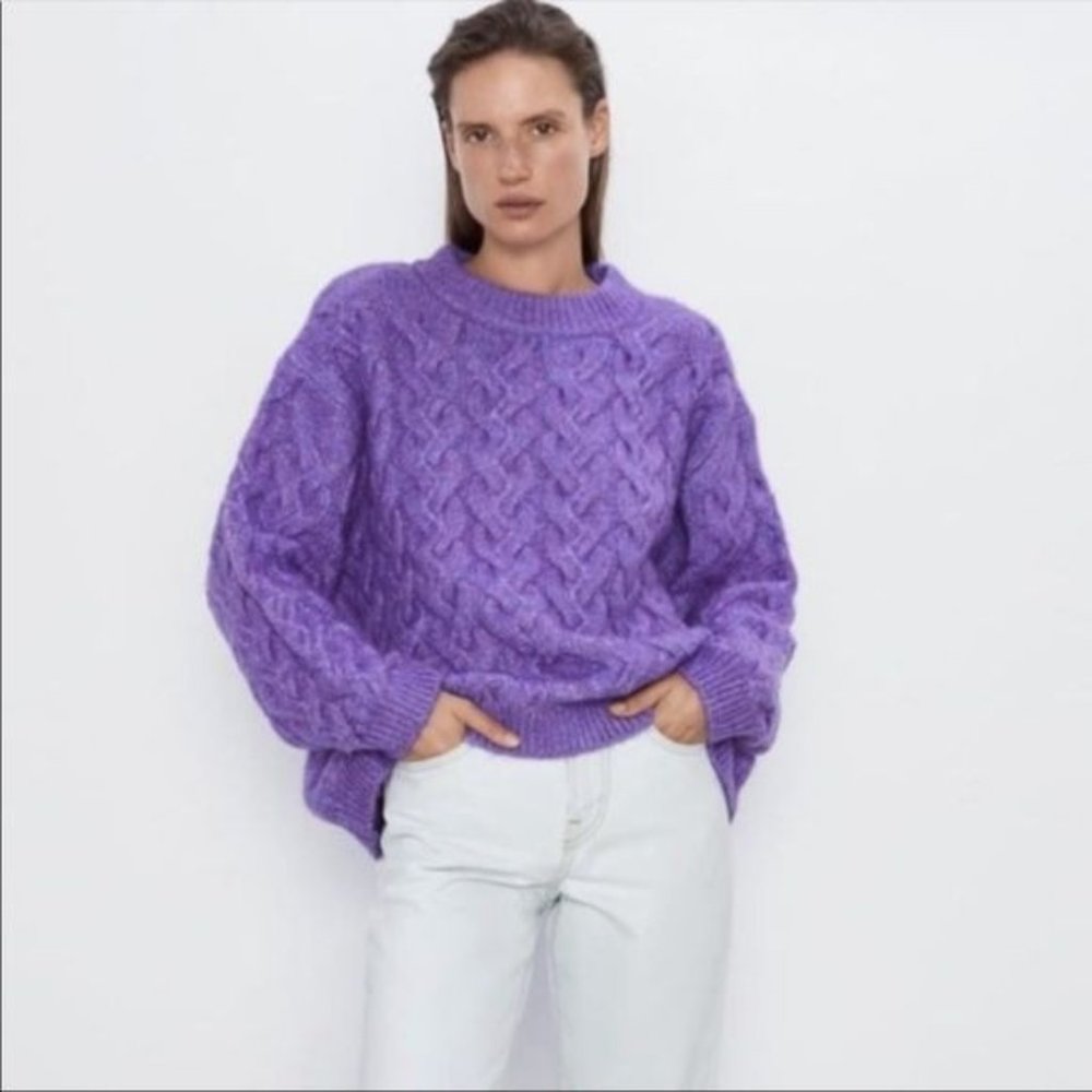 Zara Women's Purple Oversized Chunky Knit Sweater Mock Neck Long Sleeve Size M